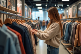 Femme examinant des vêtements en solde dans un magasin moderne