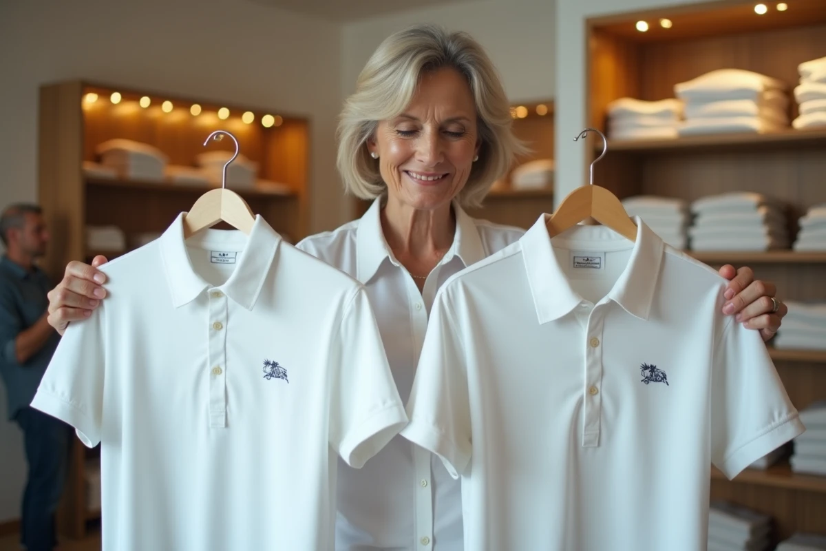 Femme comparant les emblemes de deux polos en magasin