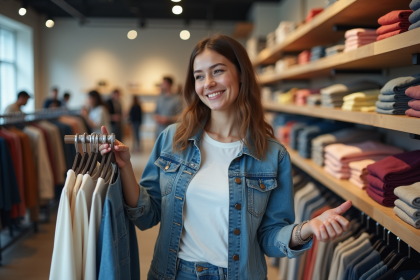 Jeune femme compare deux hauts dans un magasin de mode