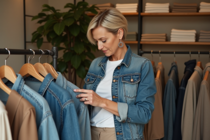 Femme en veste en denim et pantalon coton dans boutique chaleureuse