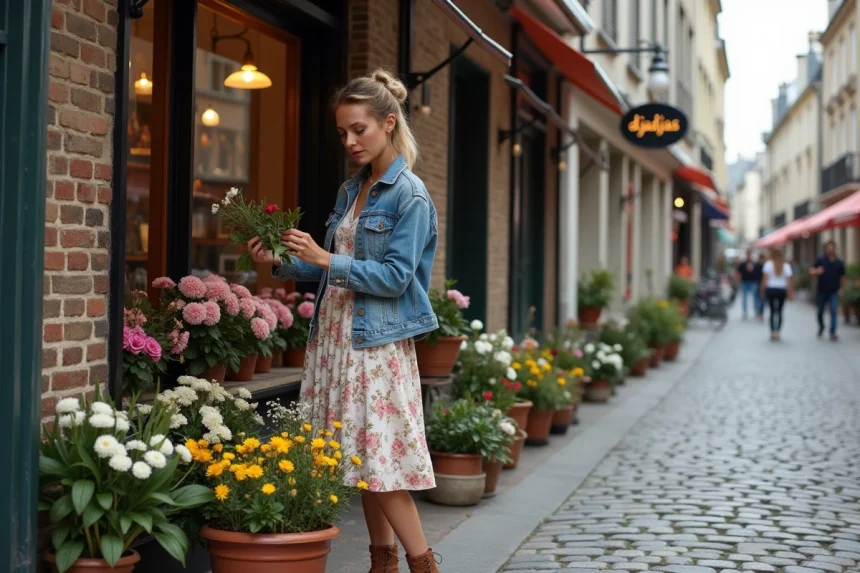 Femme vintage arrangeant des fleurs devant boutique Djadjas