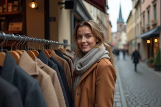 Femme souriante portant manteau vintage à Strasbourg