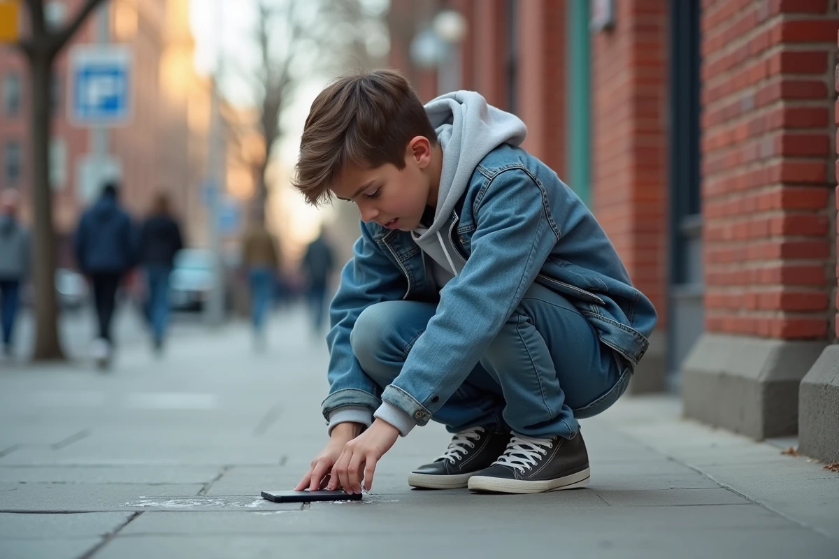 Adolescent surpris inspectant un iPhone 15 Pro cassé dans la rue