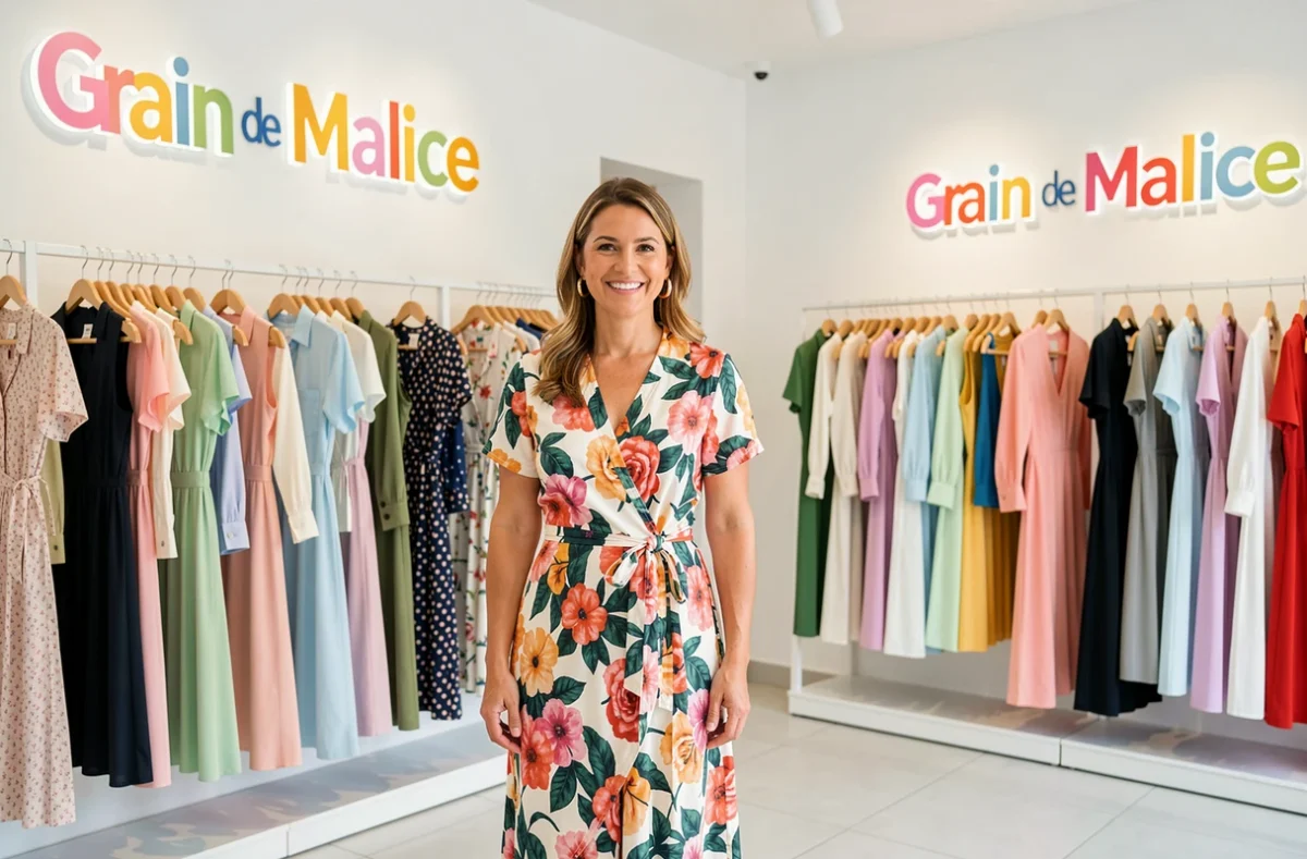 Cliente souriante dans la boutique féminine Grain de Malice renouvelée à Grenoble