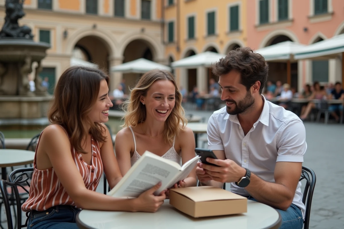 Groupe de touristes francophones comparant leurs achats de soldes dans un café en Italie avec guide et téléphone