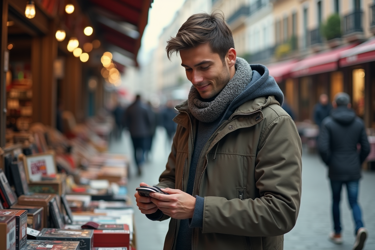 Jeune homme regardant un accessoire dans un marché en plein air