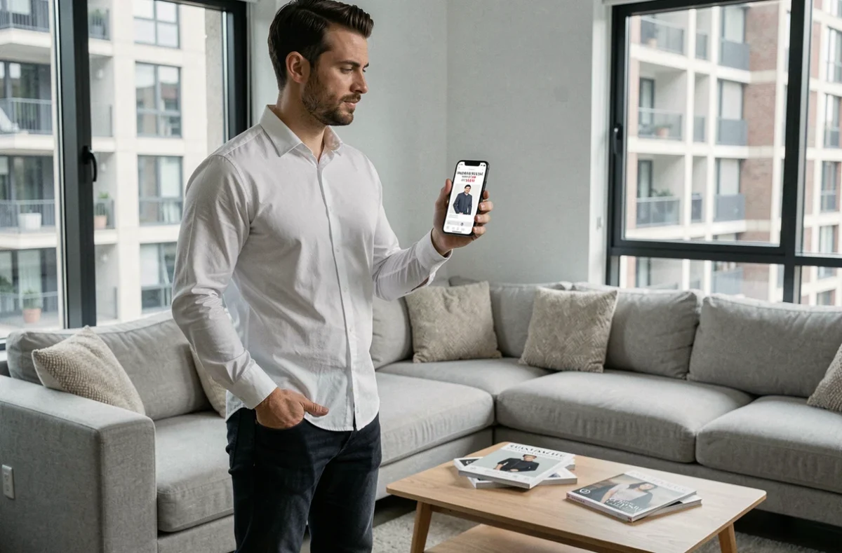 Homme consultant une application de ventes privées sur smartphone dans un appartement moderne