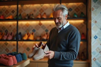 Homme élégant choisissant des babouches marocaines dans une boutique