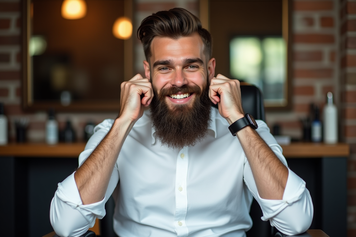 Homme confiant avec barbe dans un barbershop moderne