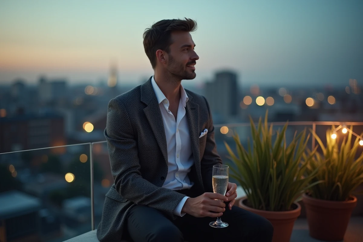 Homme en blazer vintage et chemise blanche stylé pour la Saint-Sylvestre sur une terrasse urbaine