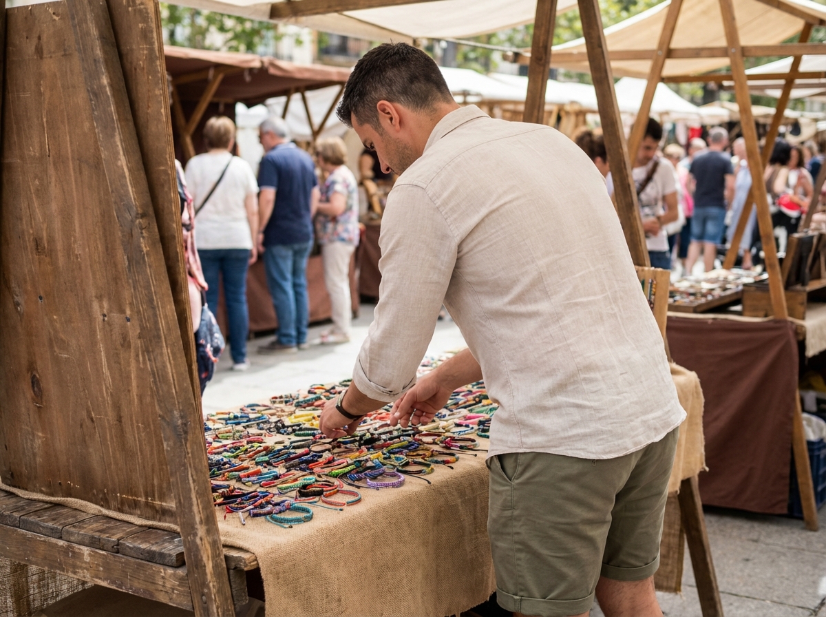 Homme regardant des bracelets colorés au marché en plein air