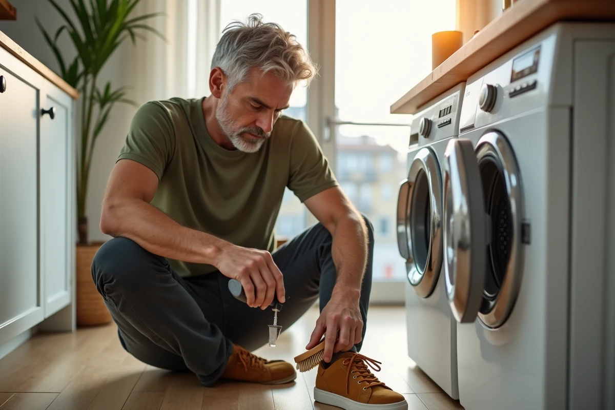 Homme brossant des sneakers en suede dans un intérieur lumineux