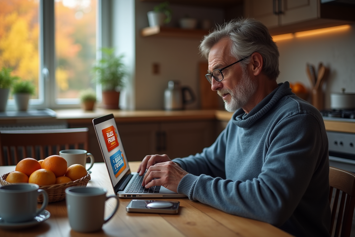 Homme d age regardant son ordinateur avec promo Black Friday