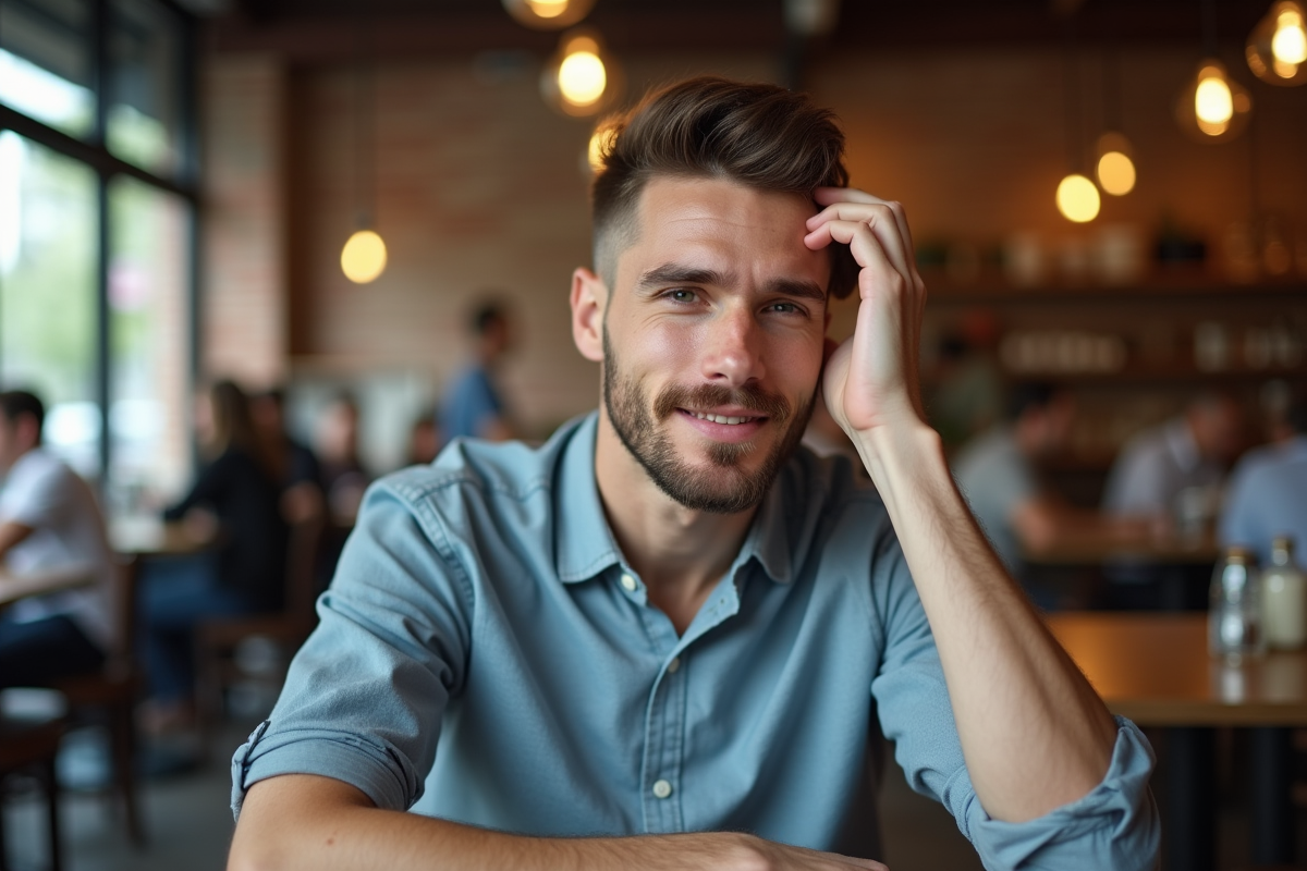 Homme en café urbain se coiffant après sa coupe de cheveux