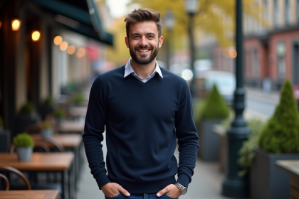 Homme barbu en sweat bleu dans un café urbain en plein air