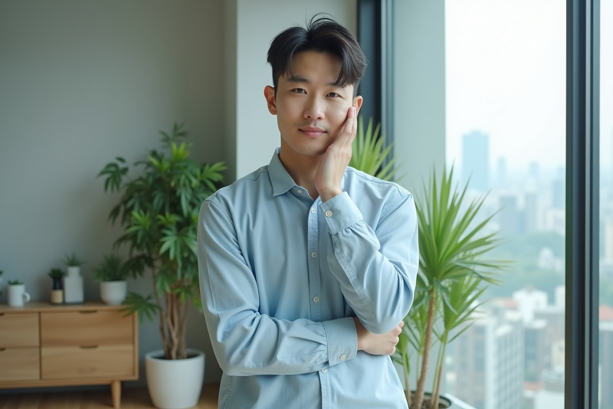Homme coréen pensif dans salon moderne avec plantes