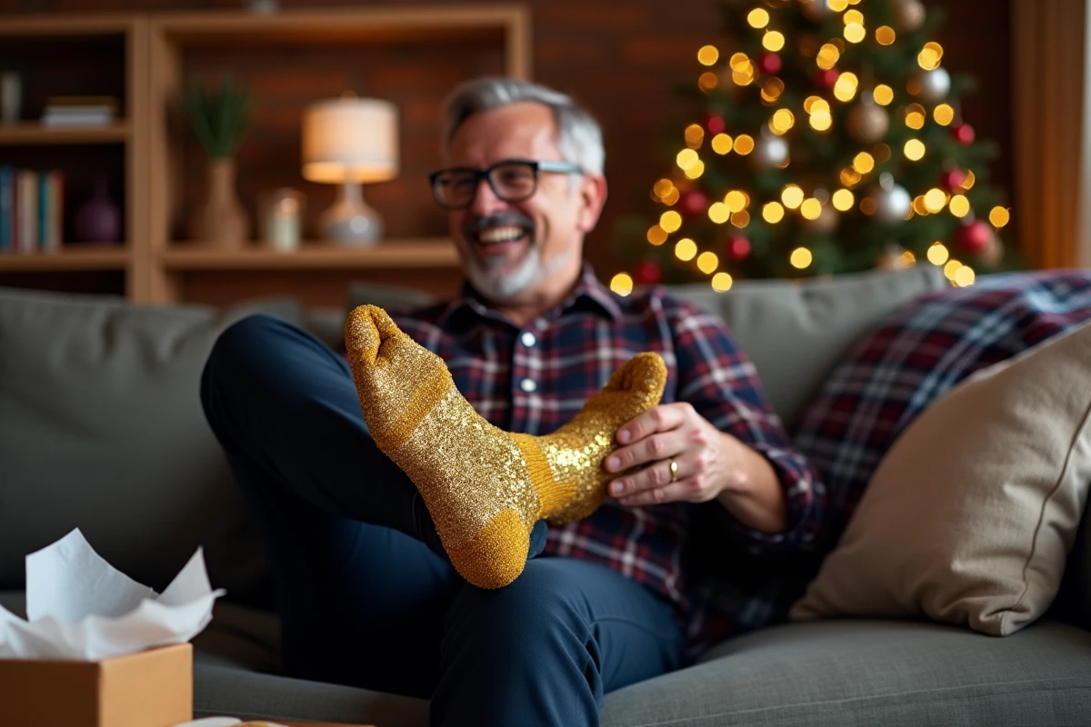 Homme souriant enfilant des chaussettes paillettes dor&eacute;es re&ccedil;ues en cadeau de No&euml;l dans un salon festif