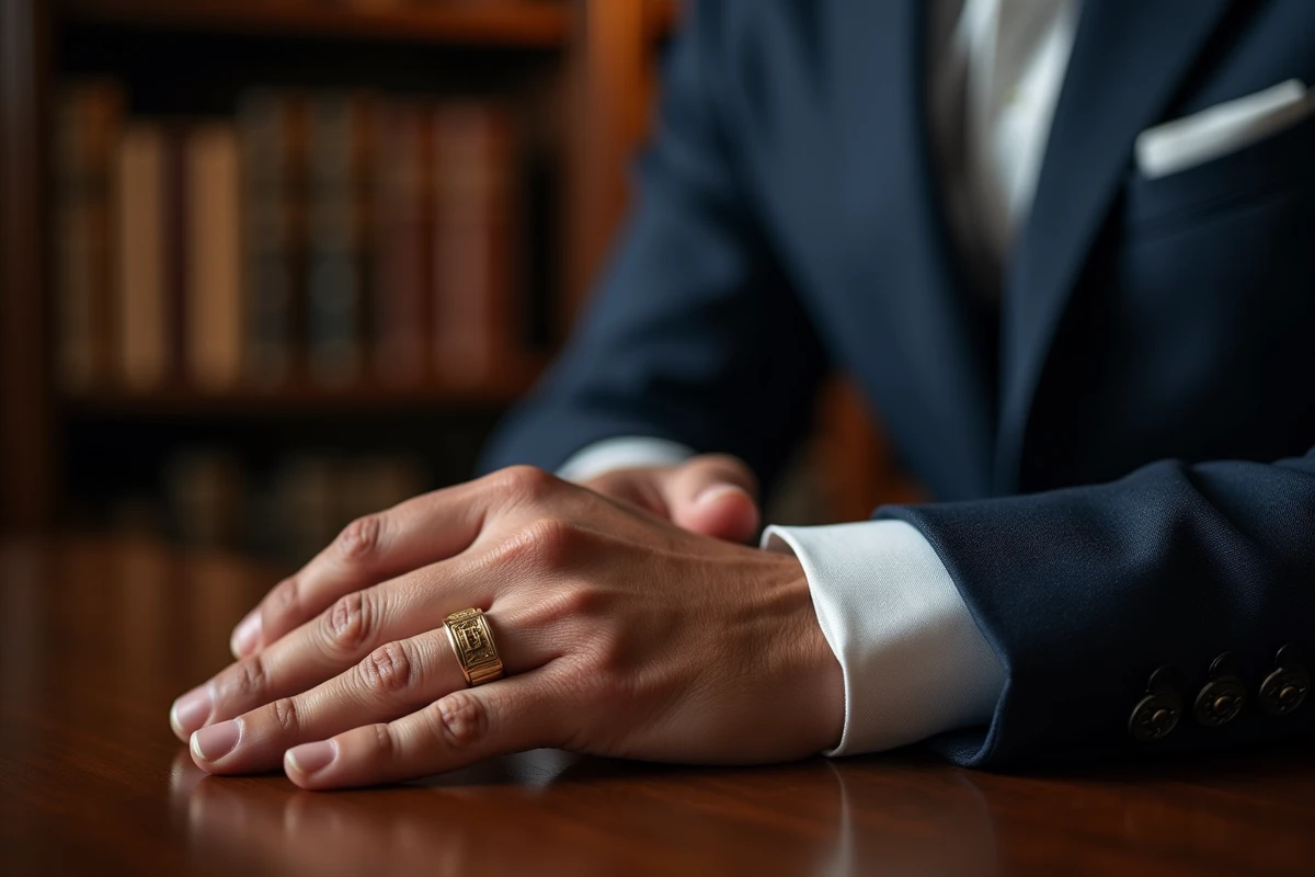 Homme portant une chevalière en or gravée d'une initiale majuscule romaine sur la main posée sur une table en chêne