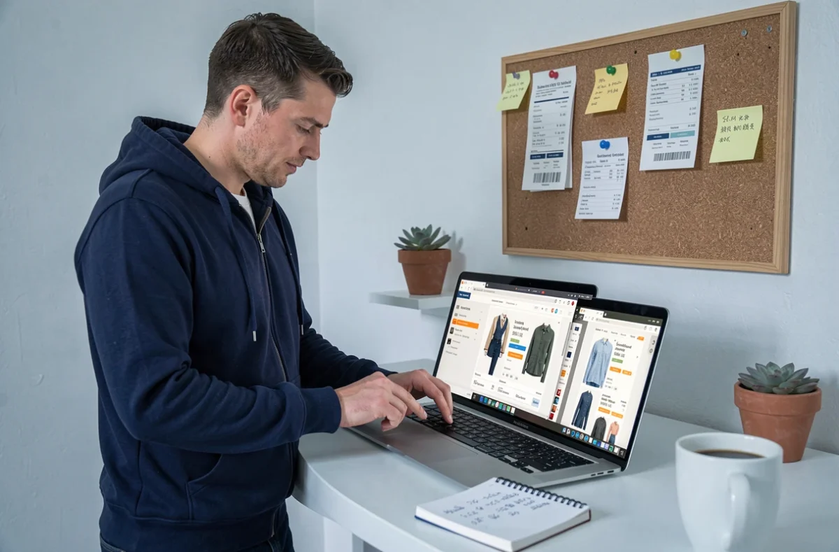 Homme comparant les prix et les offres de réduction sur Vinted depuis son bureau pour optimiser ses achats en ligne