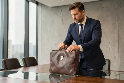 Homme en costume marine posant une sacoche cuir marron pour ordinateur sur une table de réunion en verre dans un bureau moderne