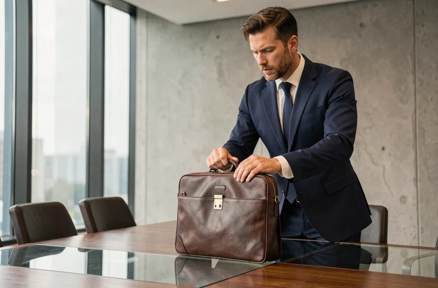 Homme en costume marine posant une sacoche cuir marron pour ordinateur sur une table de réunion en verre dans un bureau moderne