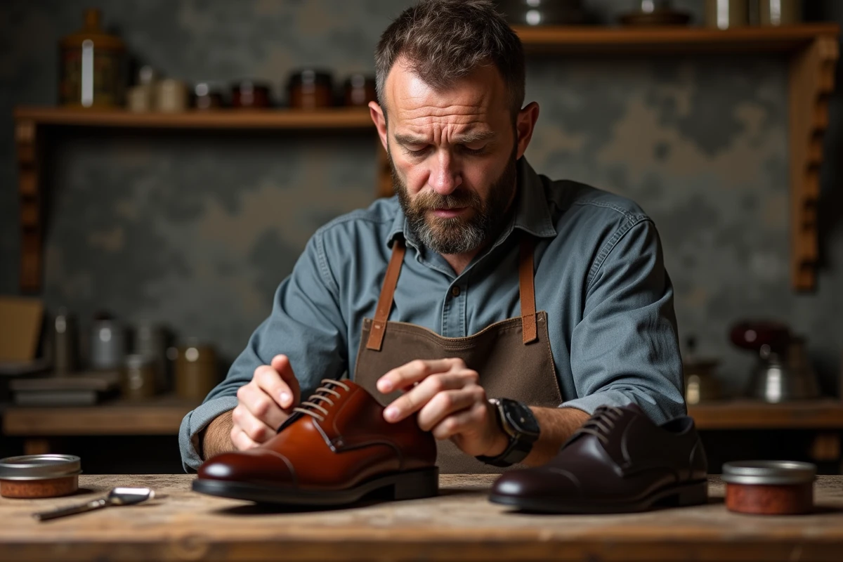Homme appliquant de la teinture sur une chaussure dans un atelier