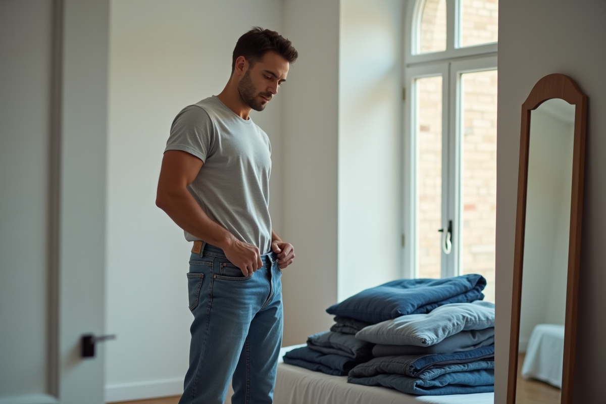 Homme essayant des jeans dans un appartement lumineux