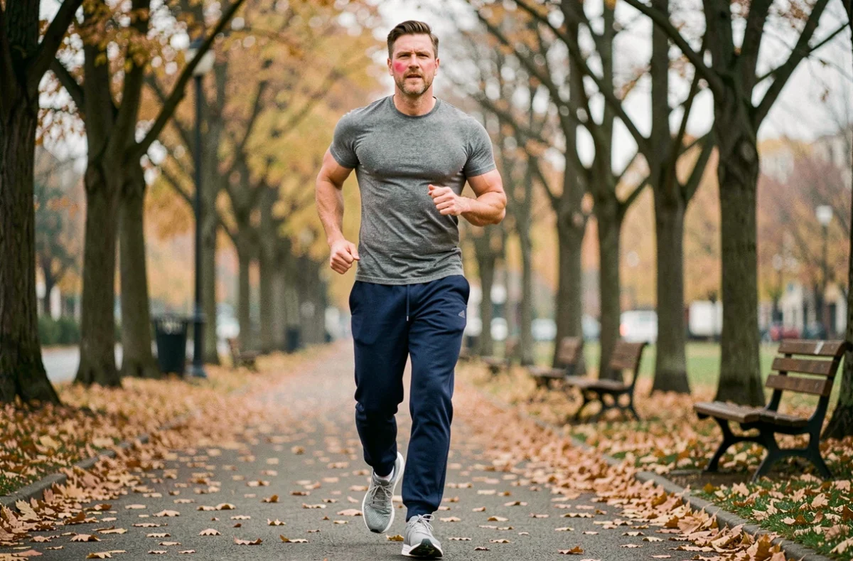 Homme faisant du jogging dans un parc en automne dans le cadre d'une démarche saine vers un poids équilibré