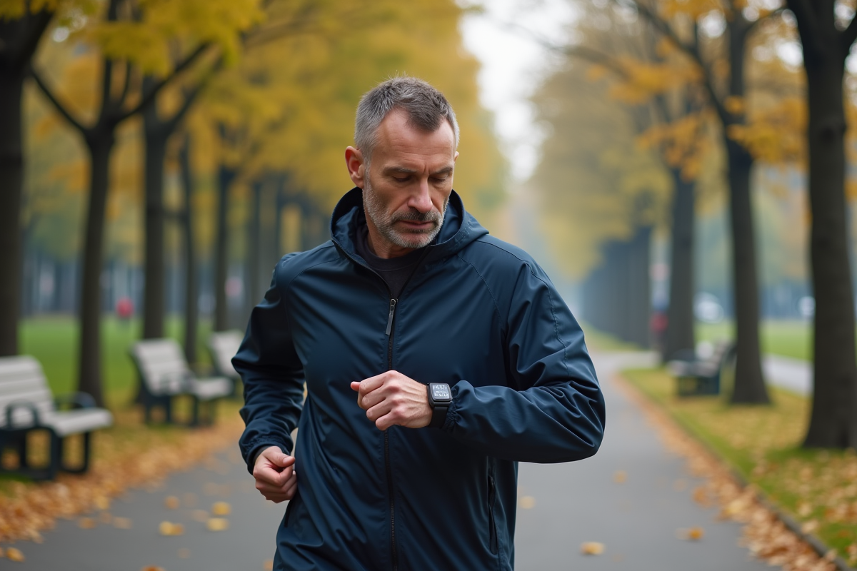 Homme courant dans un parc urbain avec smartwatch