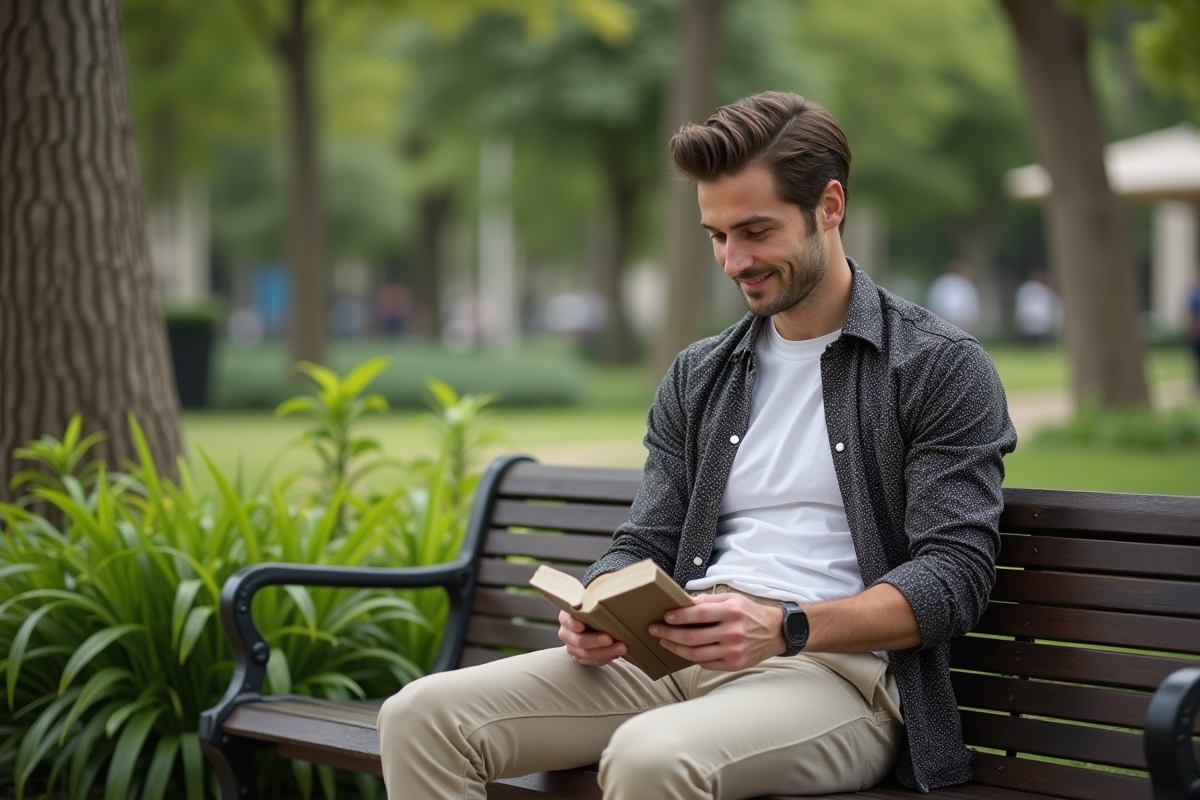 Homme détendu lisant dans un parc urbain