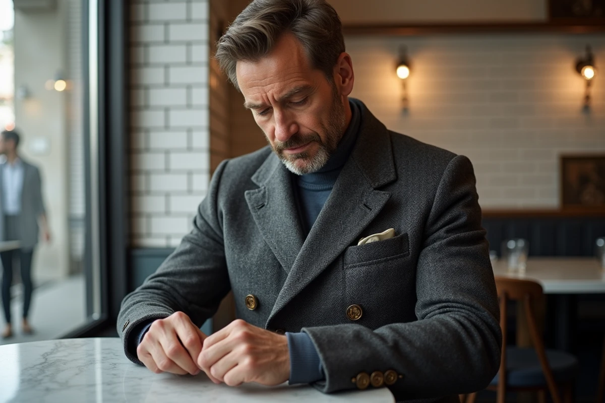 Homme en manteau anthracite aux poches cousues dans un café parisien, geste élégant et tenue impeccable