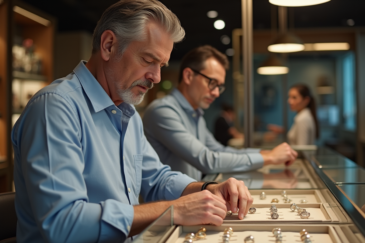 Homme faisant mesurer son doigt dans une bijouterie élégante