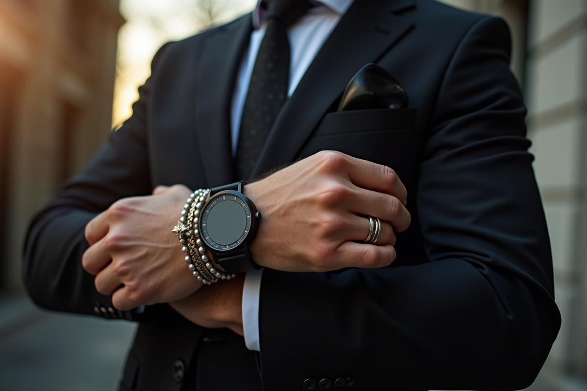 Homme portant une montre de luxe et bracelets en costume