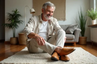 Homme détendu portant des babouches en cuir naturel dans un salon lumineux