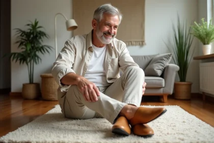 Homme d&eacute;tendu portant des babouches en cuir naturel dans un salon lumineux
