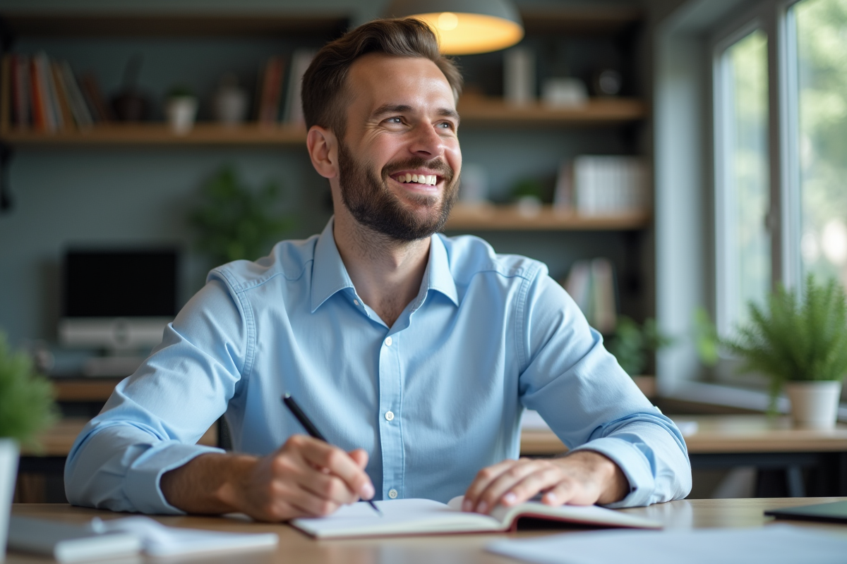 Homme sans barbe en chemise bleue dans un bureau moderne