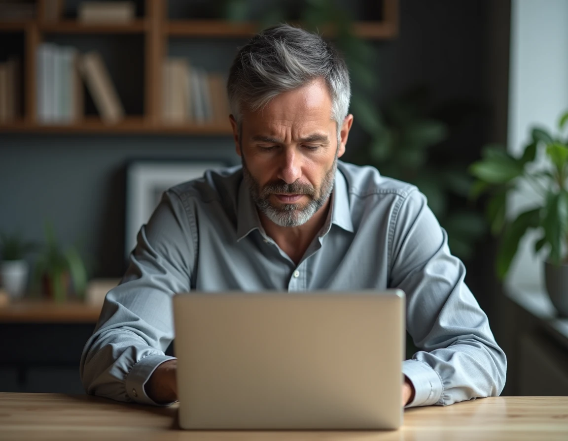Homme assis à son bureau consultant un site de vente de vêtements en ligne avant de valider son panier sur ordinateur portable