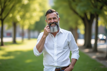 Homme souriant en parc urbain avec barbe saltandpepper
