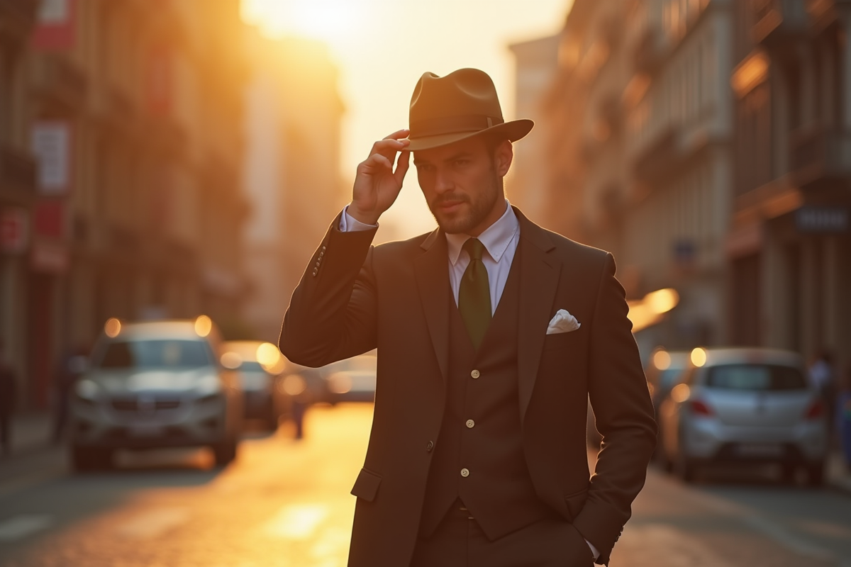 Homme bien habille marchant dans la ville avec un fedora