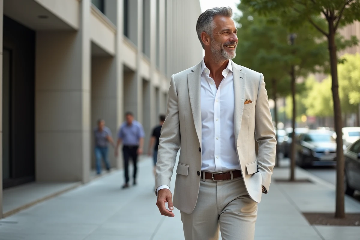 Homme en costume léger marche dans la ville