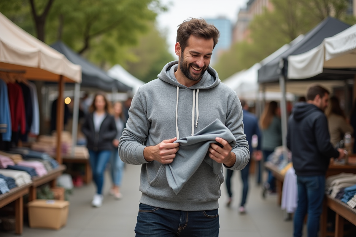 Homme examine un vêtement dans un marché en plein air