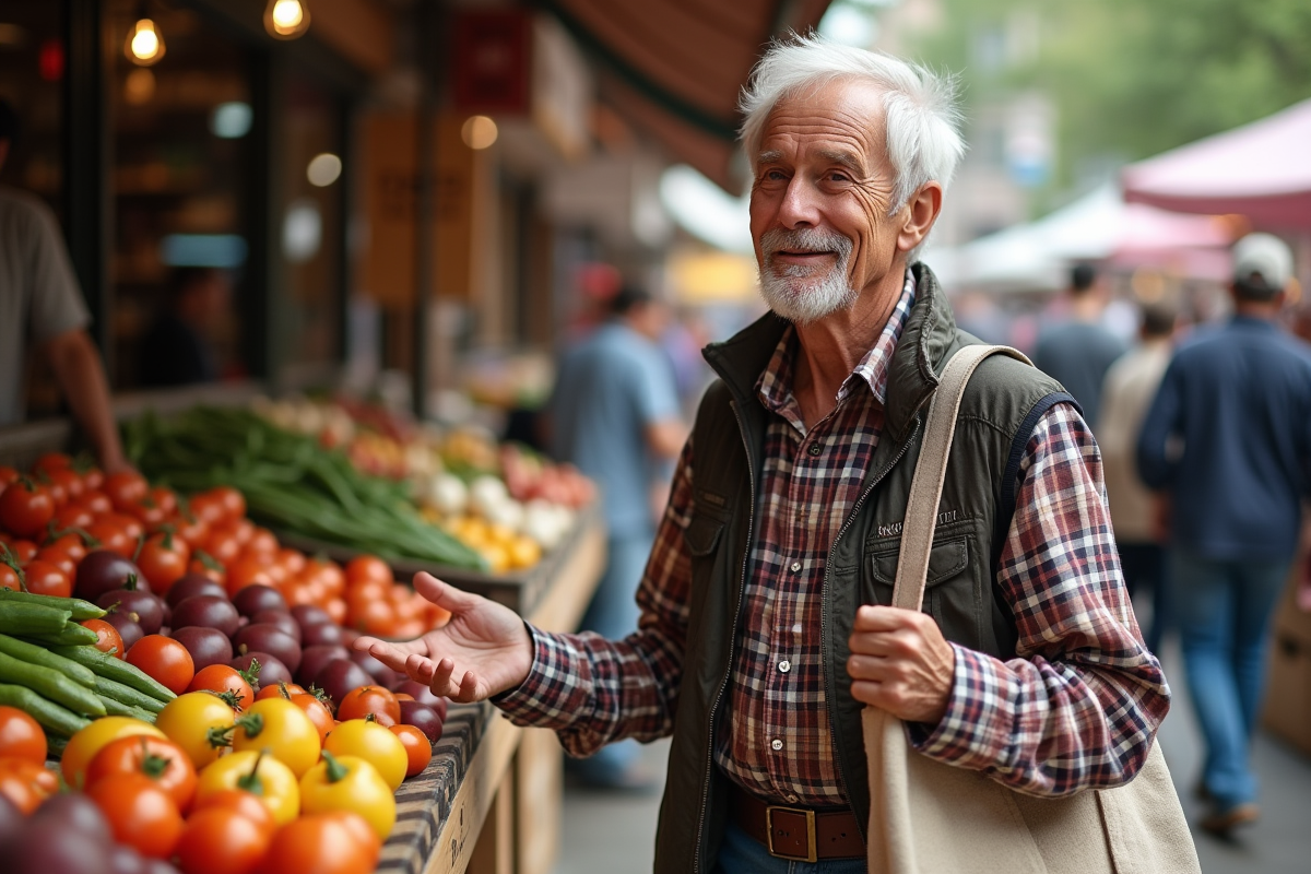 Homme âgé avec sac en tissu au marché coloré