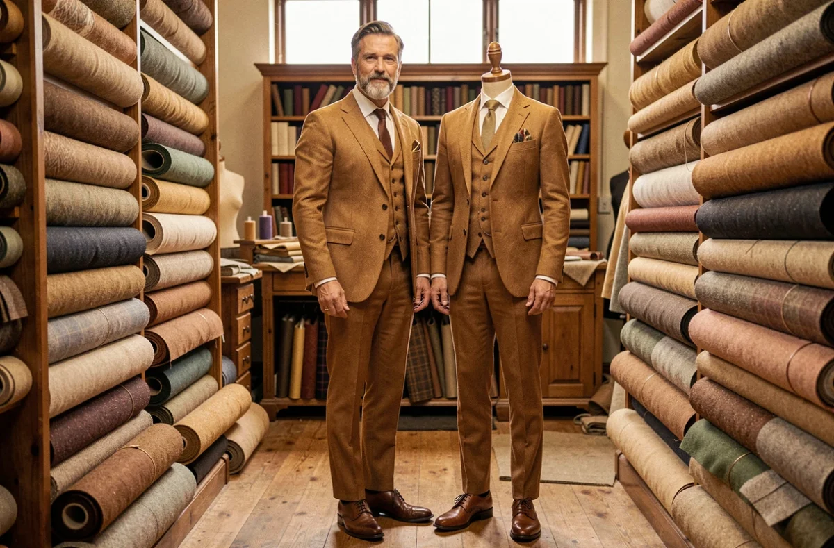 Homme élégant en costume trois pièces tweed caramel sur mesure réalisé par Ici et Tailleur dans un atelier raffiné