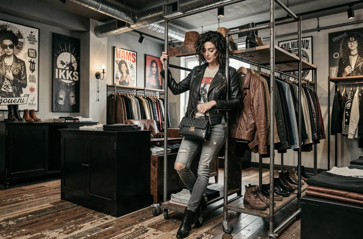 Boutique IKKS Women à Nancy avec une femme en perfecto cuir explorant une collection rock féminine sur des portants industriels