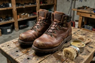 Chaussures de randonnée en cuir imperméabilisées avec de la graisse dubbin sur un établi en bois, avec brosse et boîte de cire