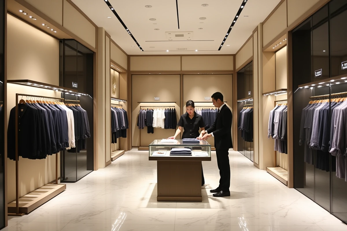 Intérieur d'un magasin de luxe sur les Champs-Élysées avec vendeur et client