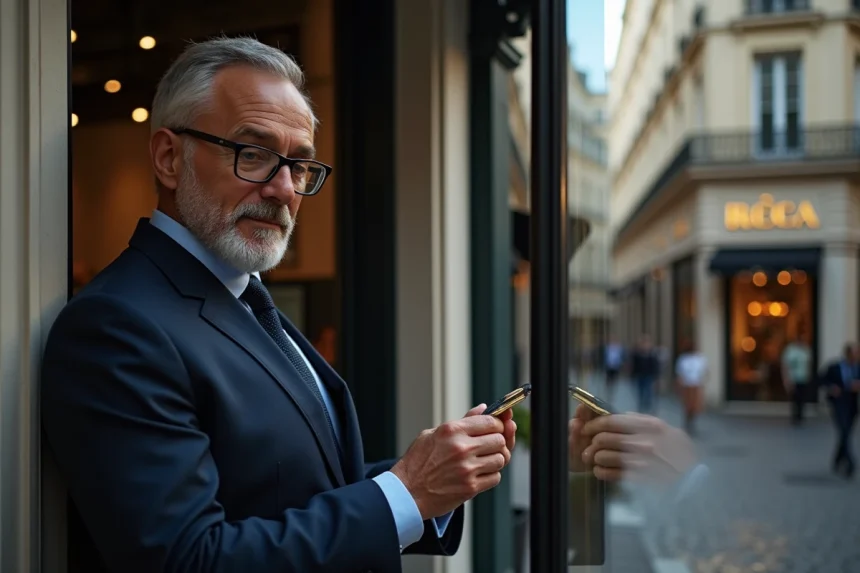 Homme en costume scrutant une montre de luxe devant une boutique haut de gamme à Paris, évoquant l'investissement dans les marques LVMH cotées en bourse