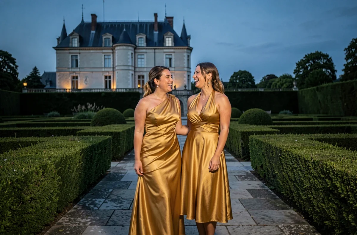 Deux invitées en robes de soirée dorées dans un jardin de château lors d'un mariage en soirée
