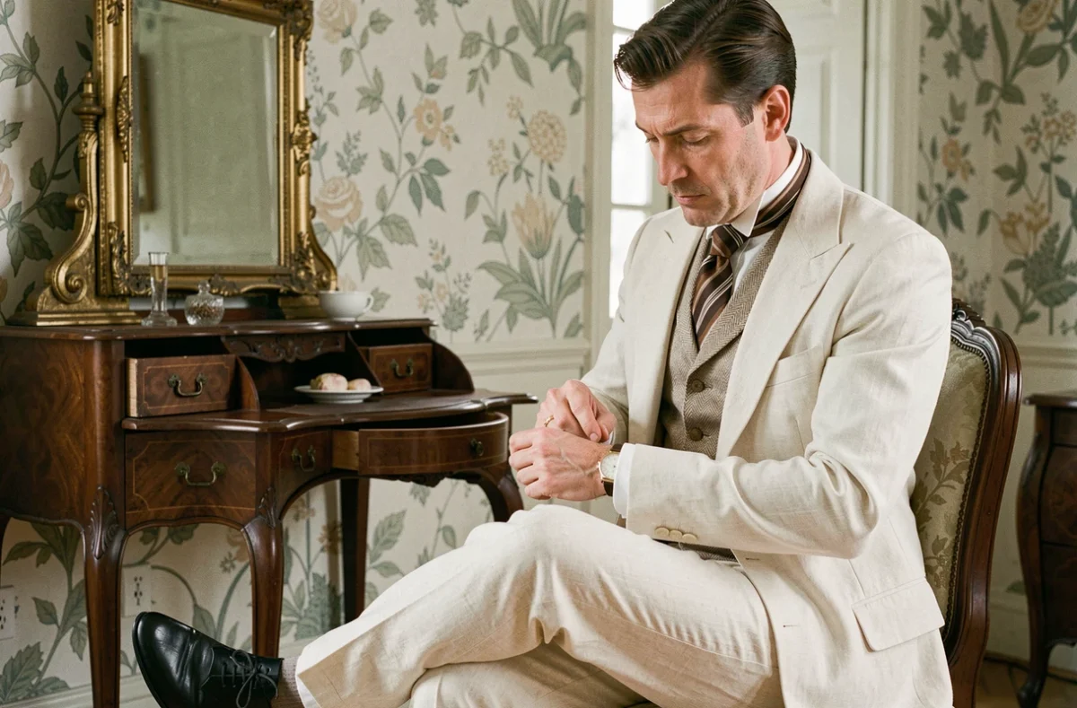 Homme en jaquette ivoire style années 30 avec gilet hérringbone et cravate ascot dans un château vintage