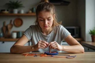 Jeune femme concentrée à tisser un bracelet paracord à la maison